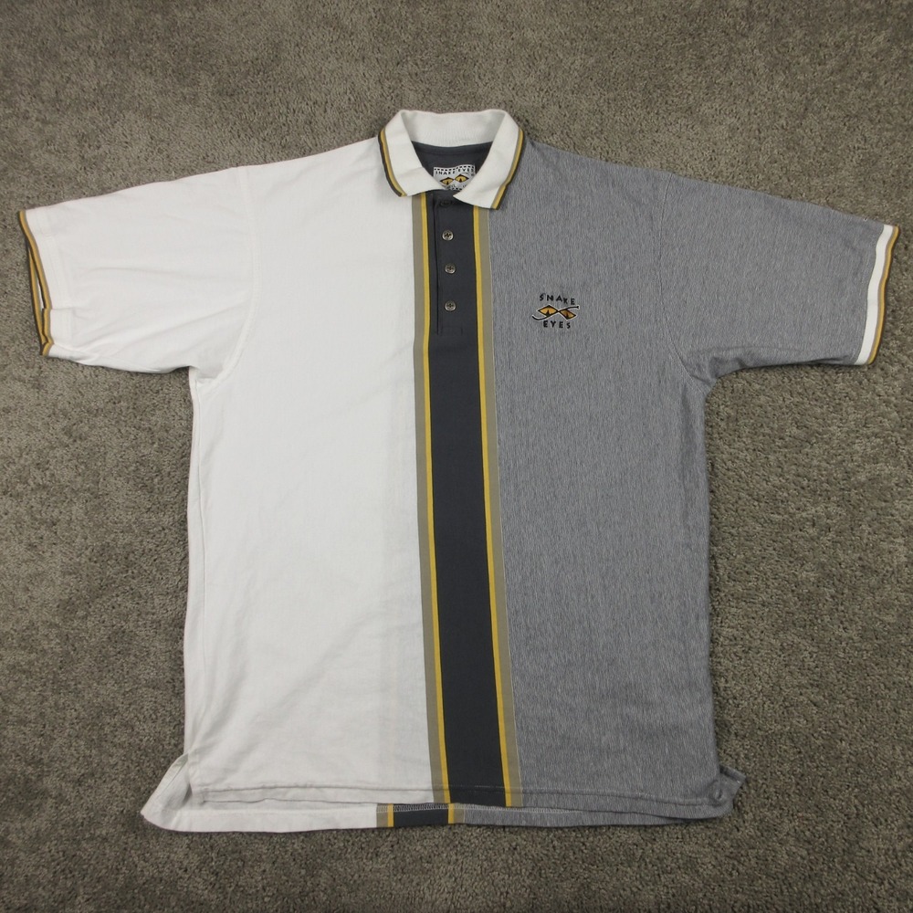Vintage Snake Eyes Polo Shirt Mens XL Gray White Striped Made In USA Knit Golf